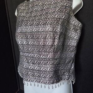 Cachet Black and White Patterned Blouse with Beaded Hem